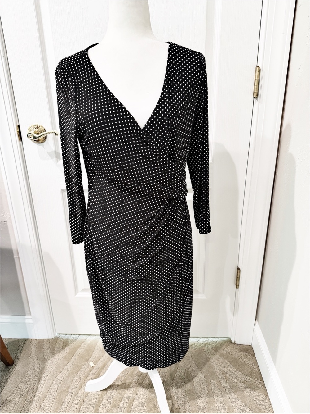 Lauren by Ralph Lauren Classic Black Polka Dot Faux Wrap Midi Dress